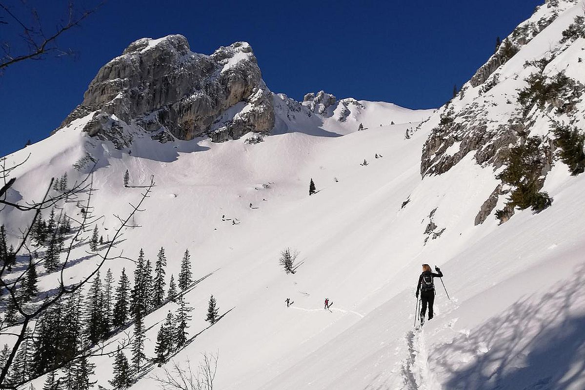 Die Latschenzonen auf der Südseite des Zahmenkaisers sind unter meterhohem Schnee begraben. 