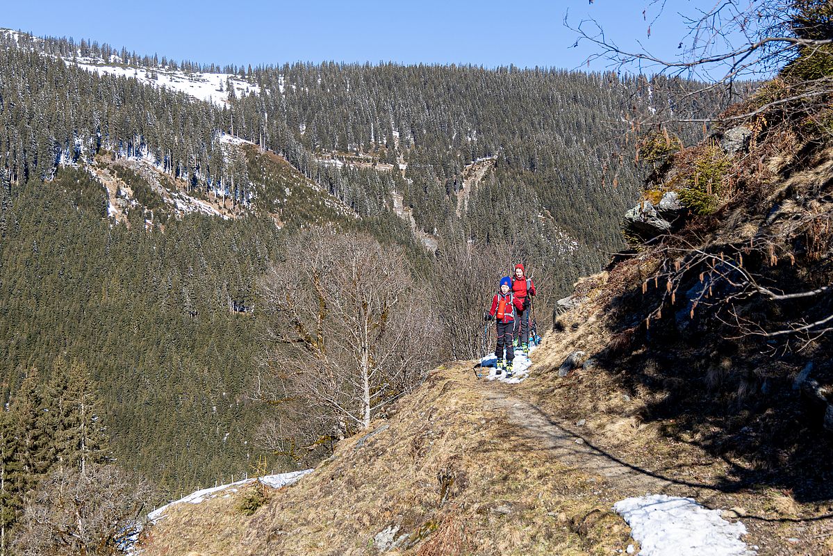 Kurze apere Stellen am steilen Südhang bei der ersten Alm