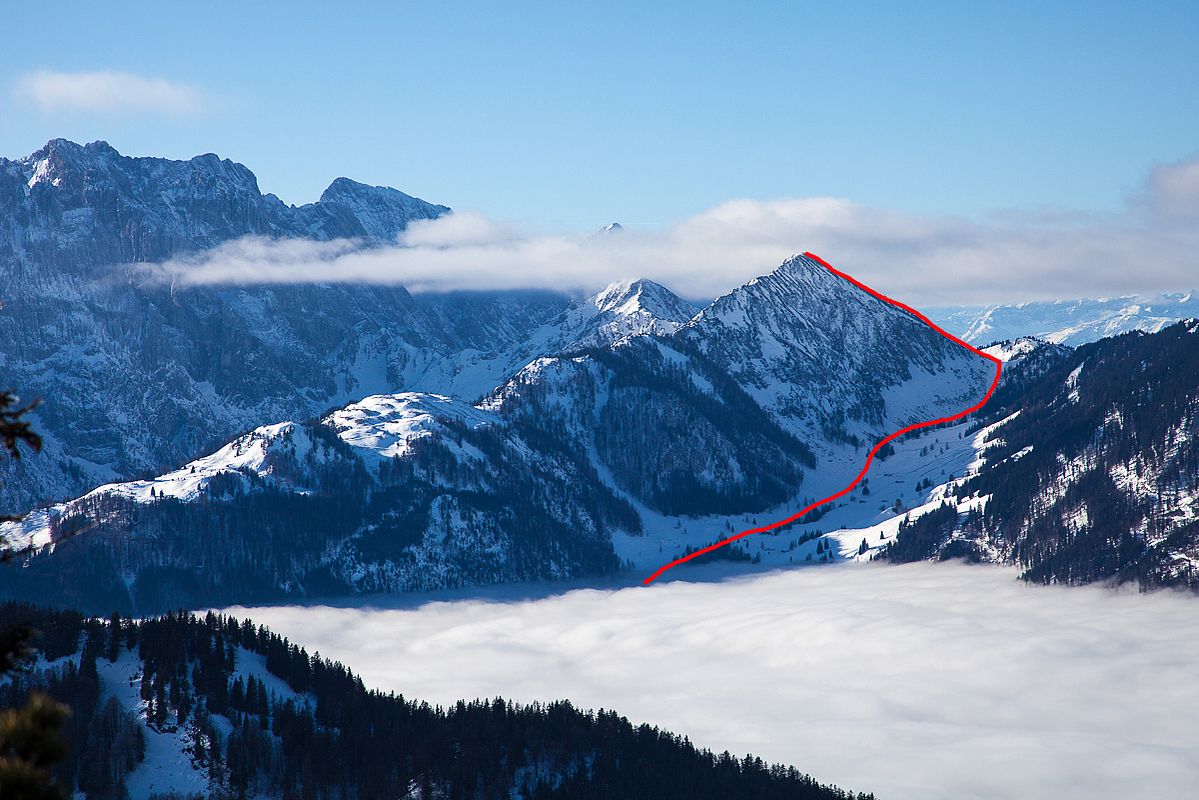 Übersicht über den Skitouren-Anstieg zum Feldberg im Kaisergebirge