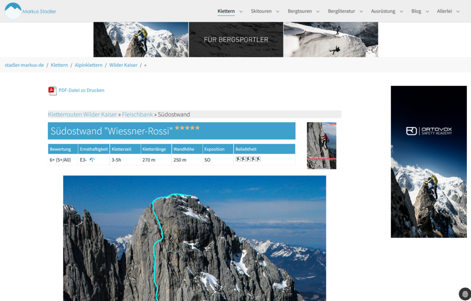 Einzelseite der Alpinkletterrouten