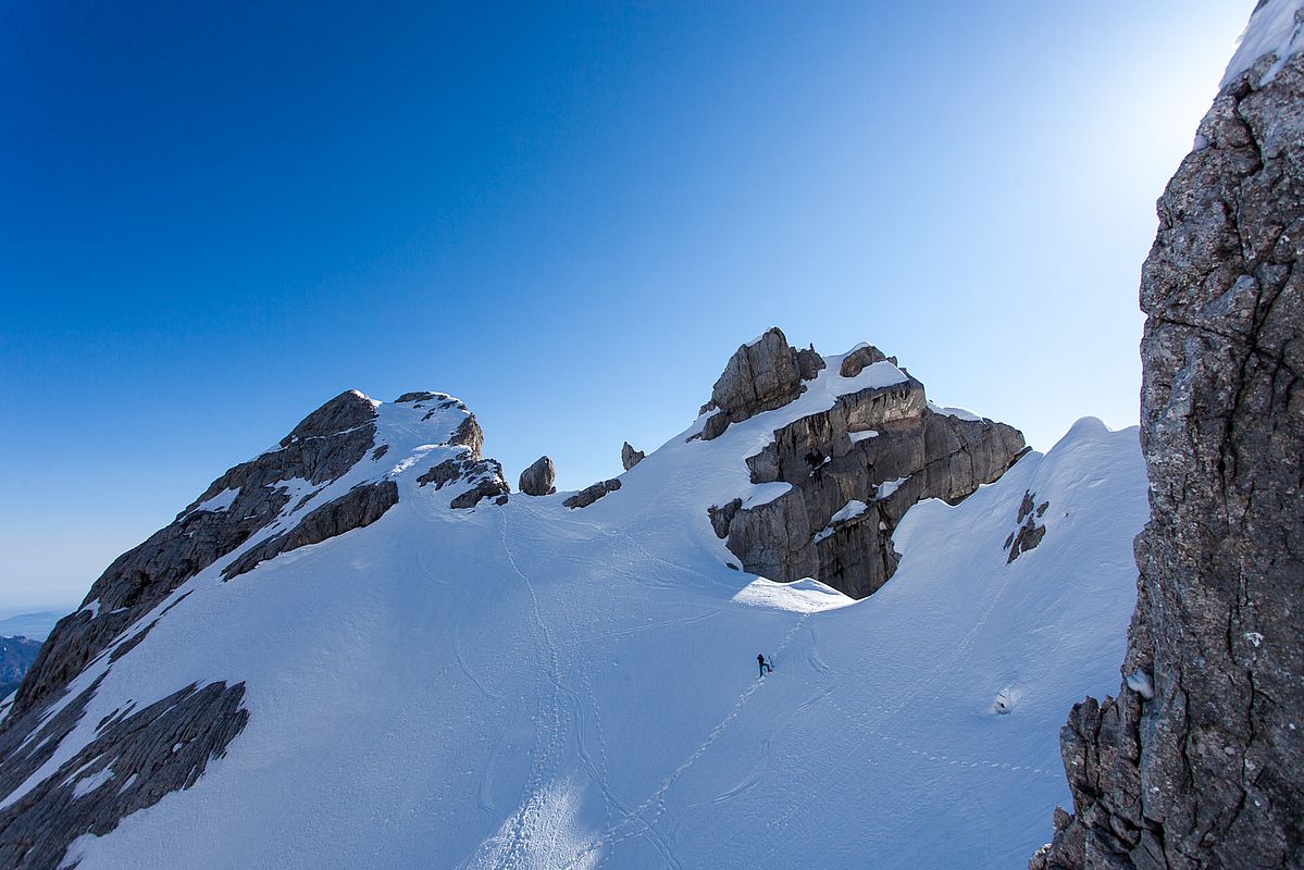 Blick zur Blaueisspitze vom untersten Teil der Hochkalter Nordostrinne