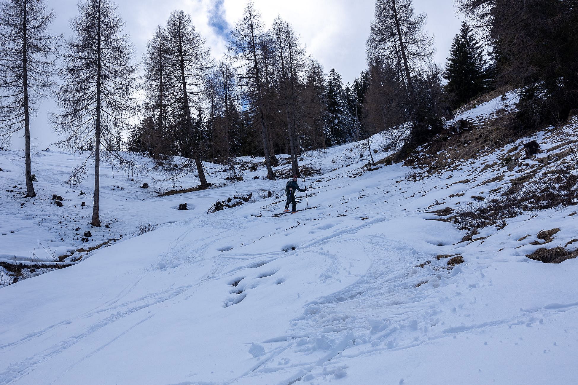 Knapp unterhalb von 1600 m ist es dann gleich vorbei mit der Altschneeunterlage