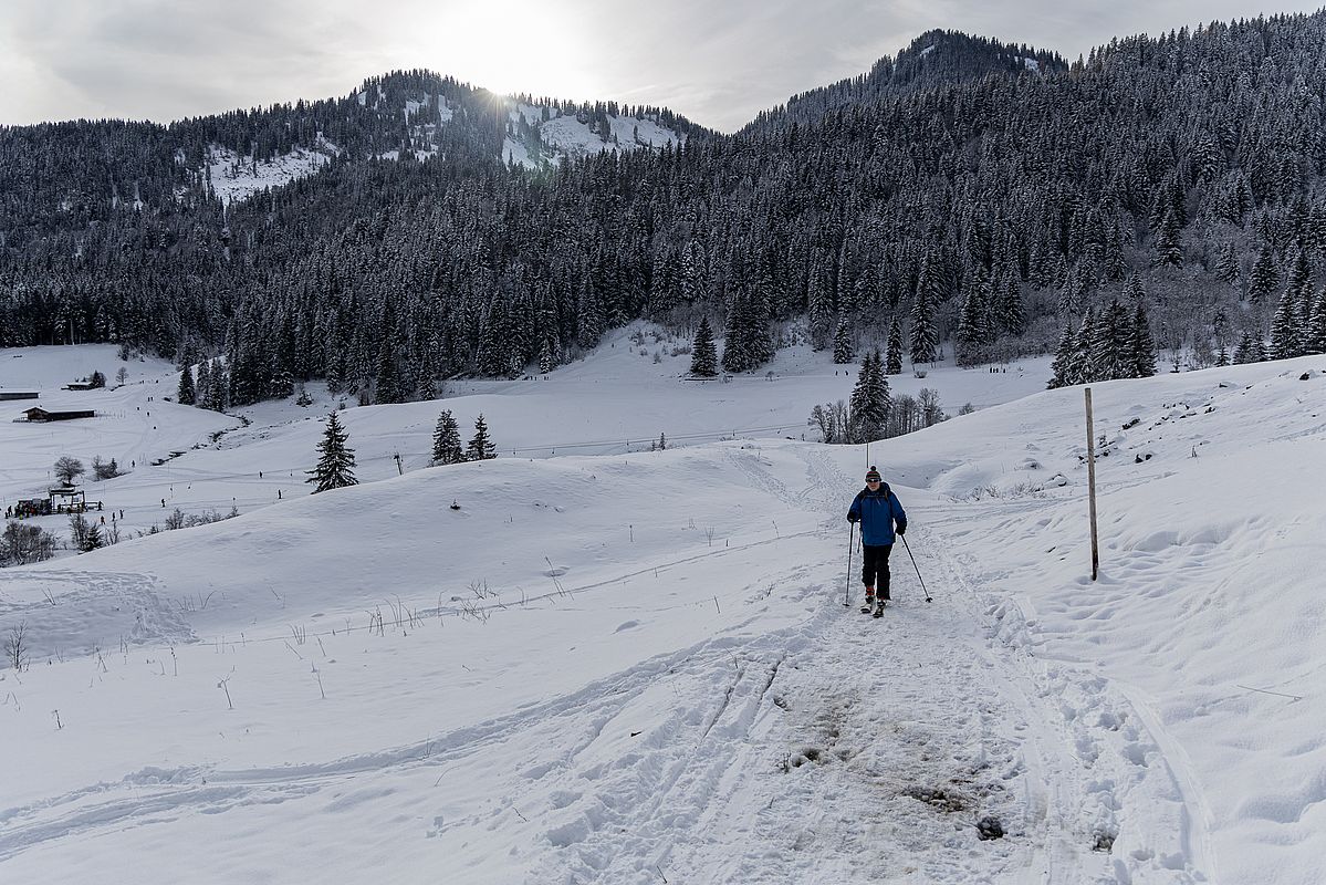 Gegenanstieg über den Südhang zur Wurzhütte, hier liegt der wenige Neuschnee auf aperem Boden