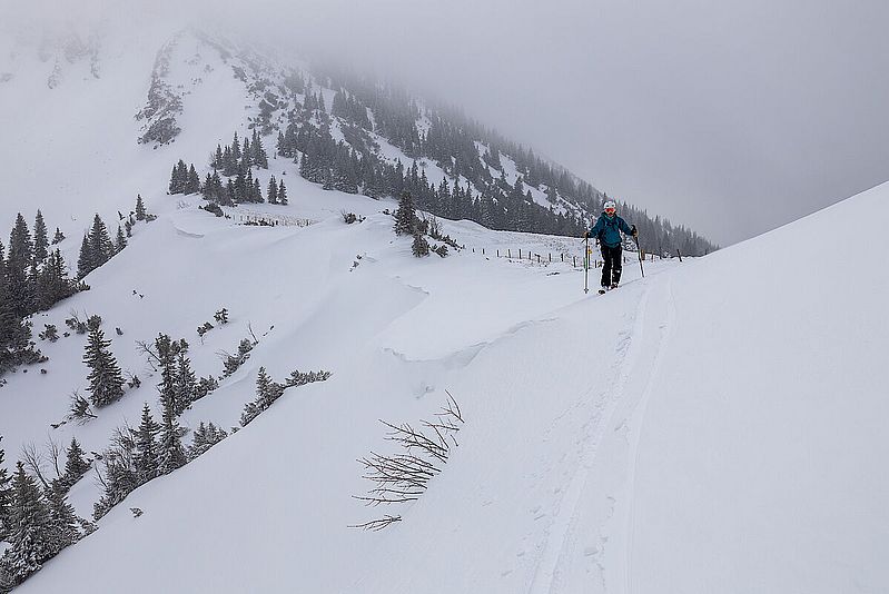 Am Traithensattel sieht man die eindrucksvollen Schneeverfrachtungen des Winters