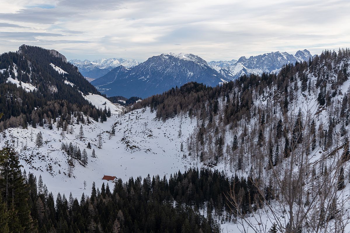 Blick über die Seeonalm zum Brünnstein und zum Kaisergebirge