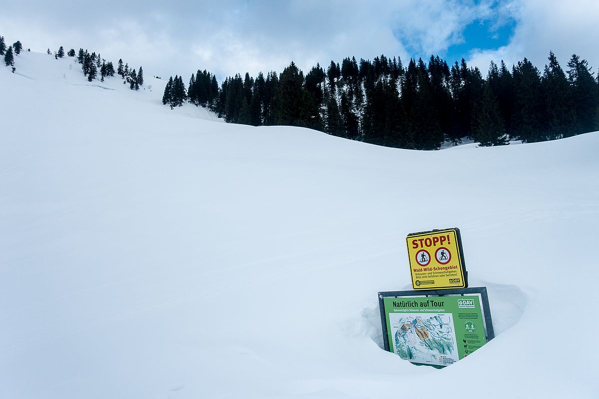 An den Lacheralmen liegt richtig viel Schnee, Hinweisschilder und Hütten sind  komplett eingeschneit.