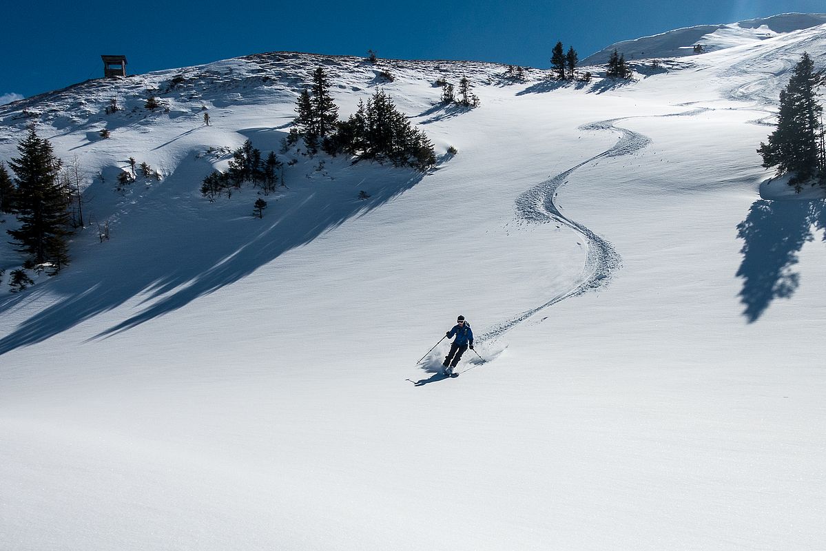 Schöner Pulverschnee in windgeschützten Nordhängen wie hier am Brennkogel.