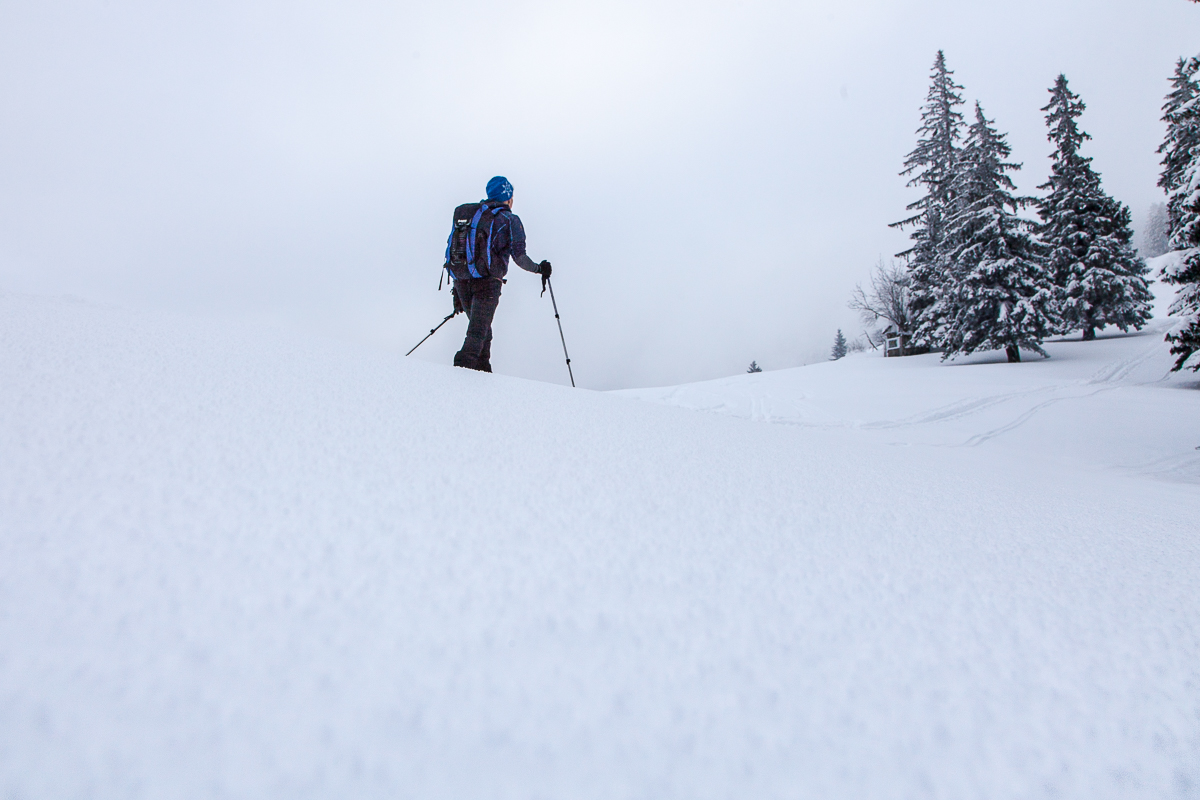 Aufstieg im Nebel, im Vordergrund der massive Oberflächenreif.