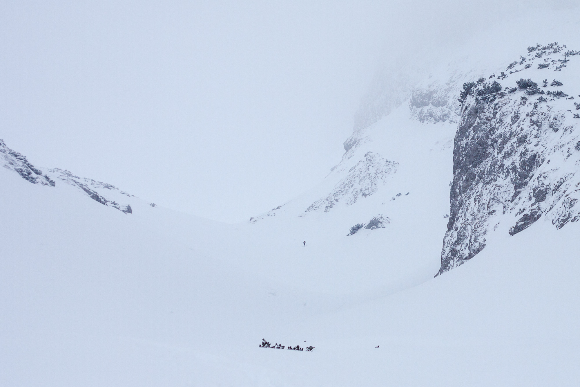 Nebel, schlechte Sicht, viel Schnee kurz unter der Fritz-Pflaum-Hütte