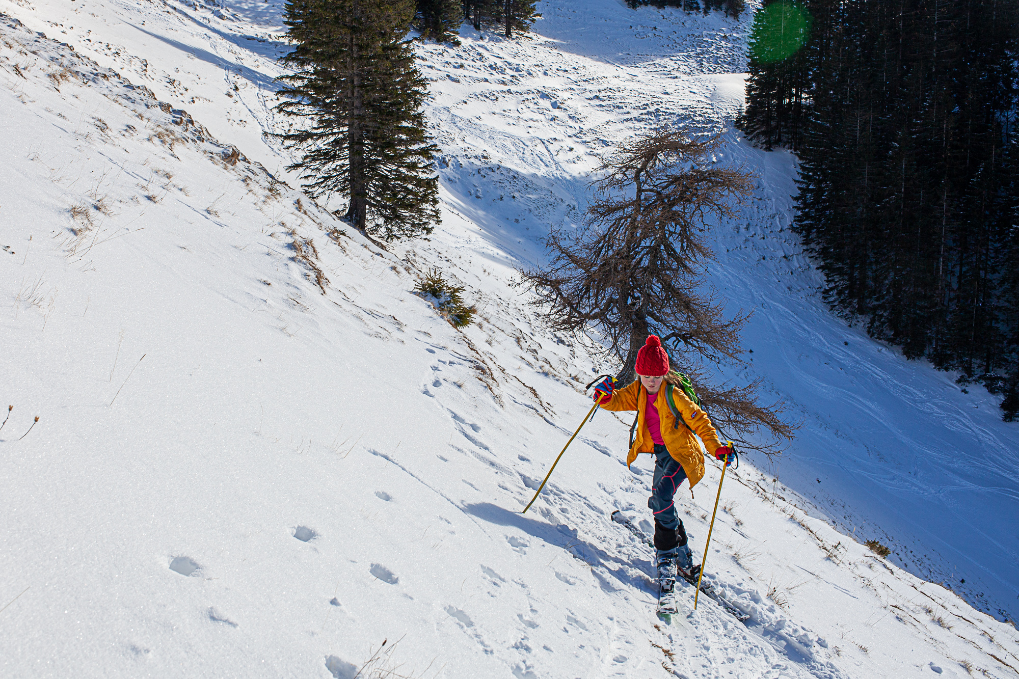 Spitzkehren im abgeblasenen Westhang der Brünnsteinschanze