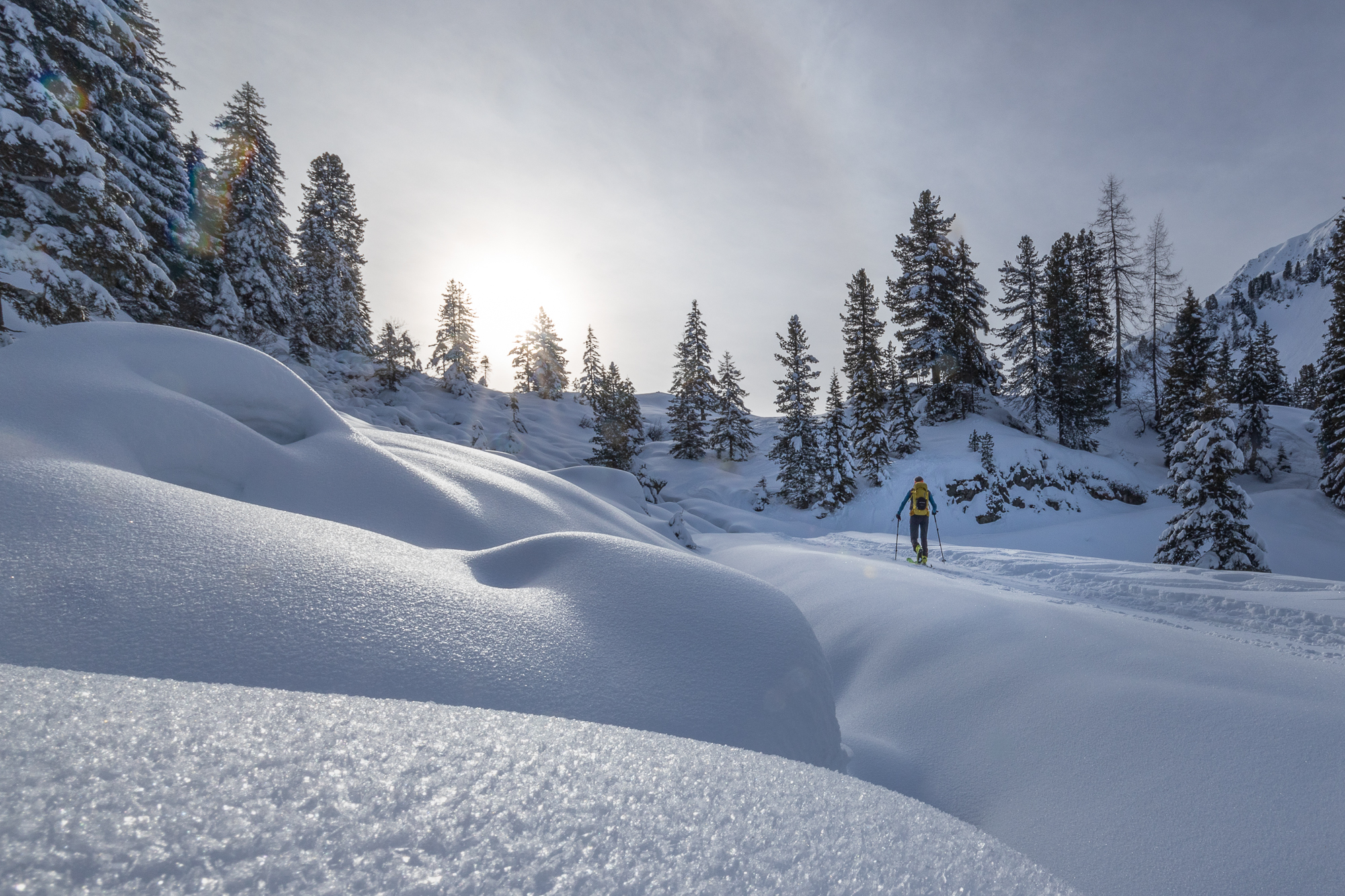 Die Schneeoberfläche ist stark mit Raureif belegt