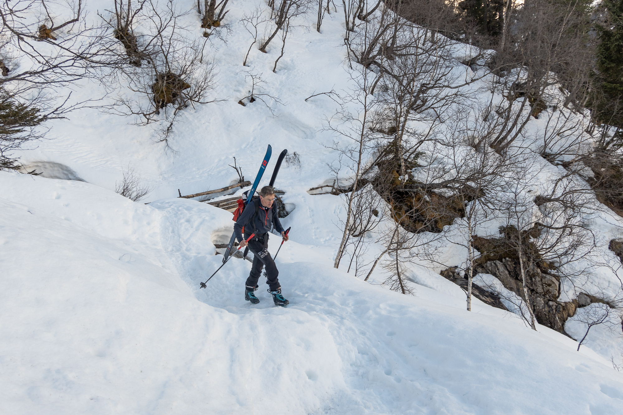 Auf 1600 m dann bereits dicke Altschneedecke